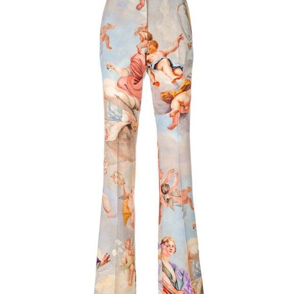 Moschino Couture! Blue, Peach, Tan Cupid Cherub Angels Flared Wool Pants - Picture 1 of 13
